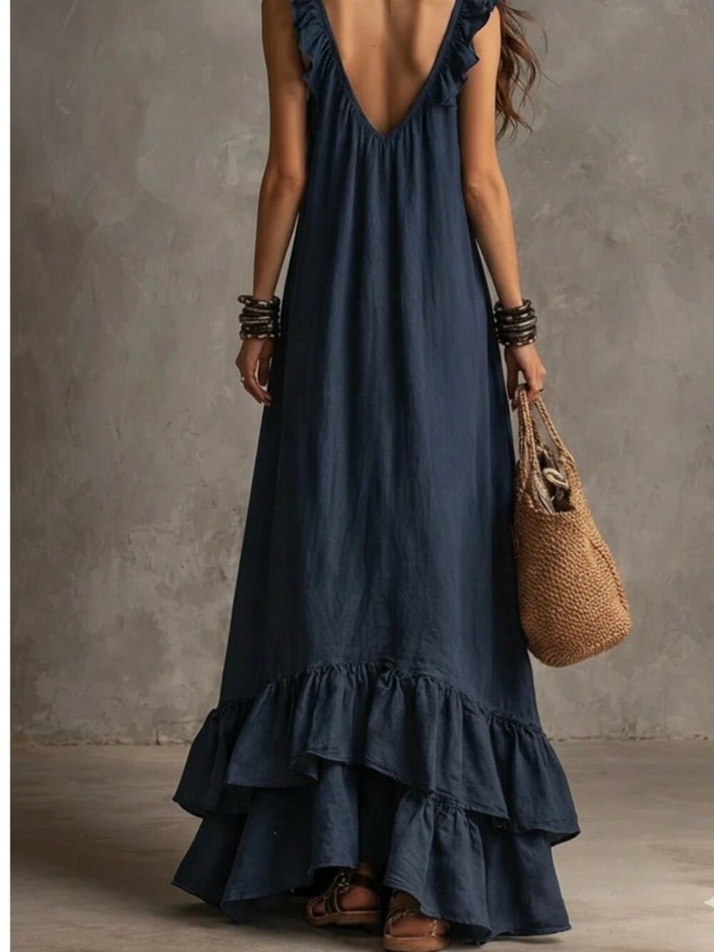 Navy Blue Bohemian Casual Women's Dress - Picture 3 of 4